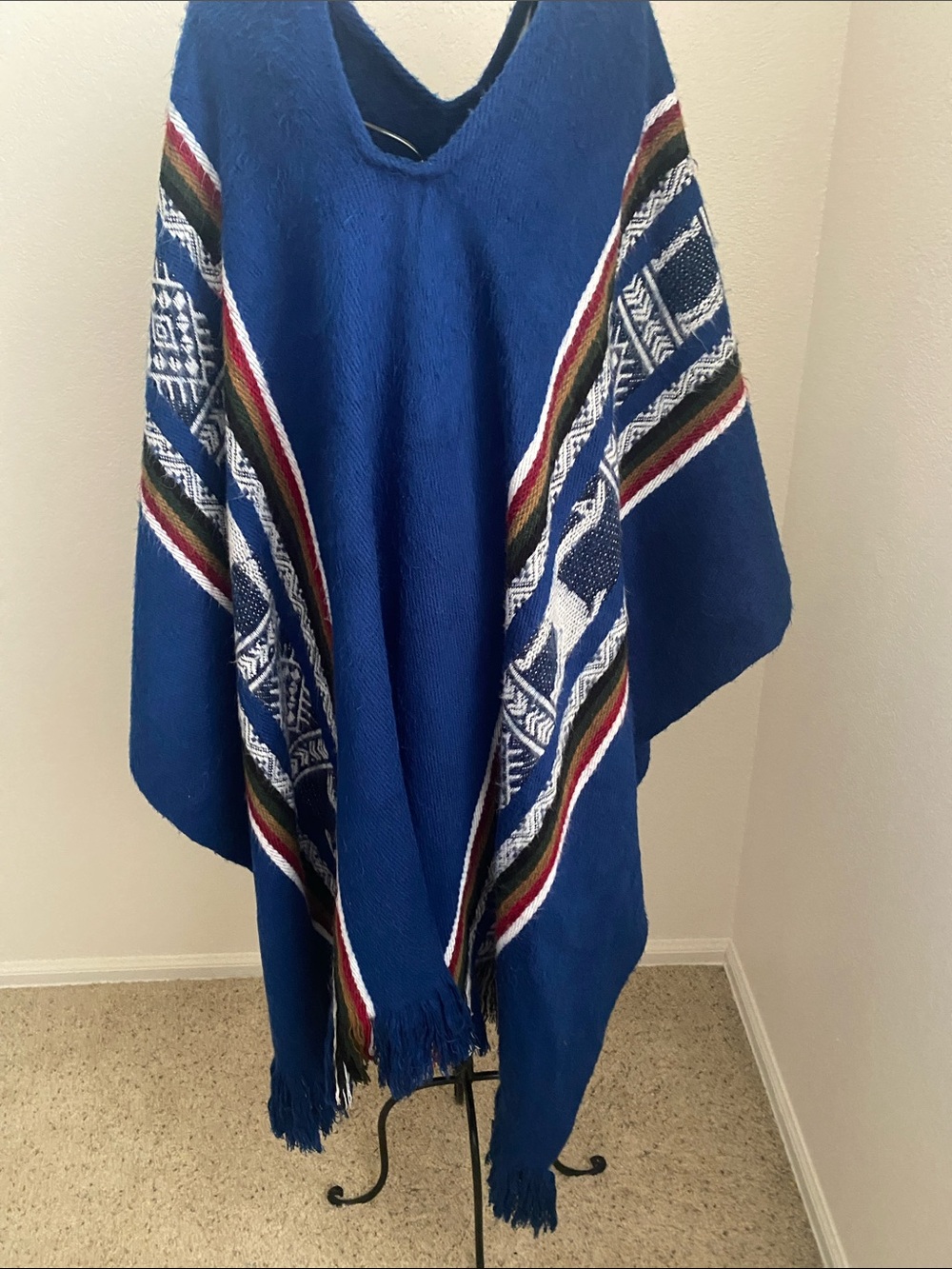 Blue Patterned Wool Poncho Cape with Fringe Made in Ecuador